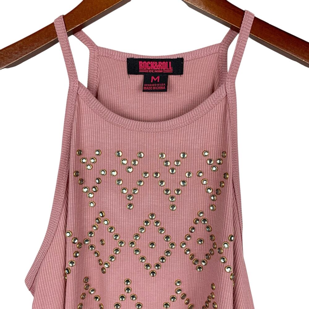 New Rock & Roll Denim Tank Top Studded Jewels Pink Ribbed Juniors M - Picture 2 of 6